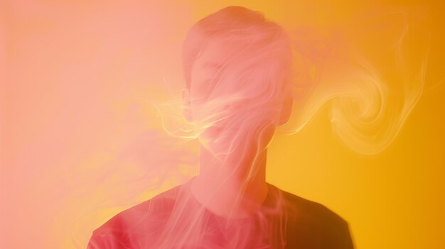 Foto retrato surrealista de un hombre con humo y fondo amarillo vibrante