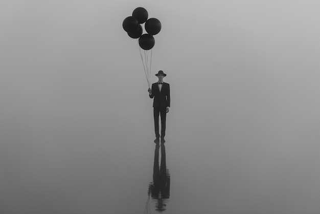 Retrato surrealista de un hombre con un traje con un sombrero con globos en la mano en el agua