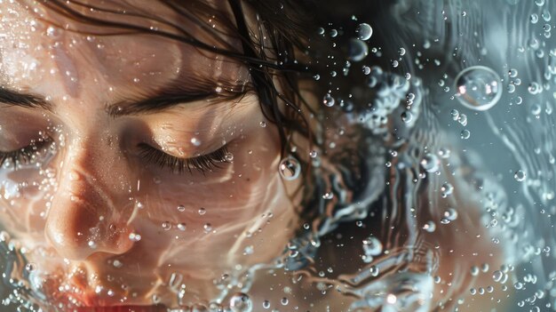 Retrato surrealista de una mujer joven en aguas cristalinas