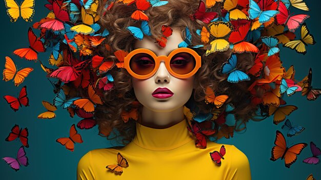 Retrato surrealista de una mujer con mariposas en el pelo Fotografía abstracta en estilo collage de arte pop Diseño ai