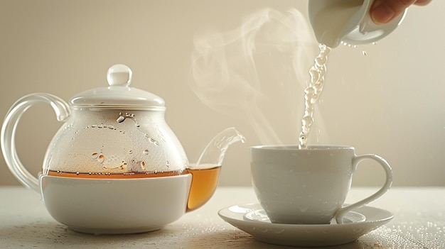 Retrato de una tetera de vidrio blanco que está llena de té