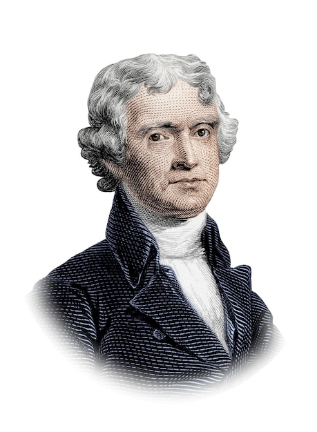 Retrato de Thomas Jefferson aislado sobre fondo blanco.