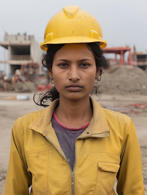 Retrato de tiempo de trabajo de trabajador de construcción en sitio de construcción