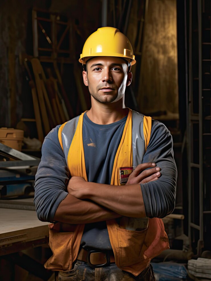 Retrato del tiempo de trabajo del trabajador del hombre de la construcción en el sitio de construcción
