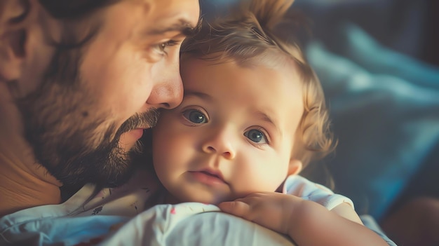 Foto retrato tierno de un padre amoroso y su hija bebé el padre está sosteniendo al bebé en sus brazos y mirándola con amor y adoración