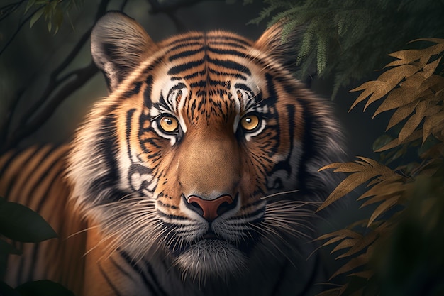 Retrato de tigre agraciado hermoso depredador que sobresale del marco de hojas mirando a la cámara al aire libre Animales raros especies en peligro de extinción concepto de desastre de vida silvestre Generativo ai