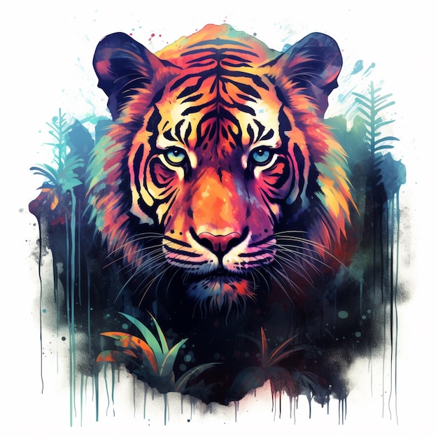 retrato de tigre de colores brillantes con salpicaduras de acuarela y salpicadures de pintura generativo ai