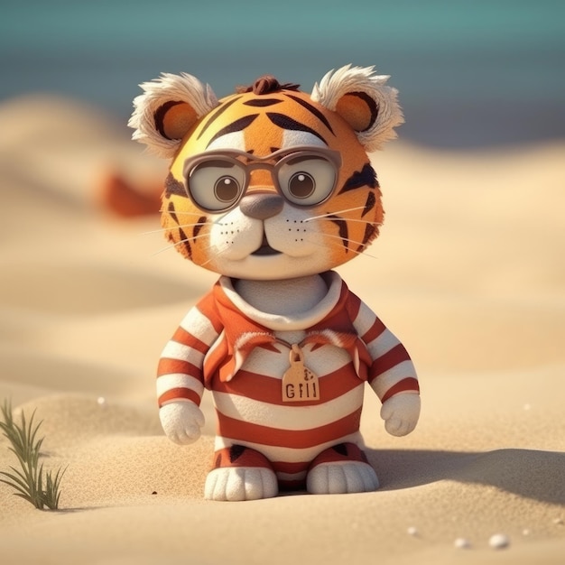 Retrato de tigre de dibujos animados en 3D con ropa, gafas, sombrero y chaqueta de pie delante