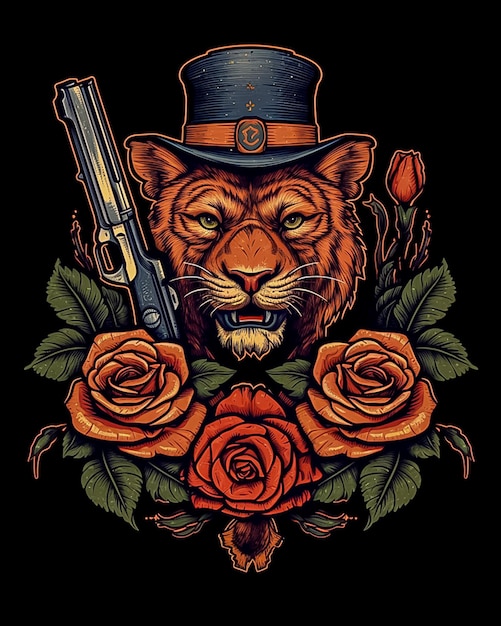 Retrato de tigre de estilo occidental con diseño de camiseta vintage generado por IA