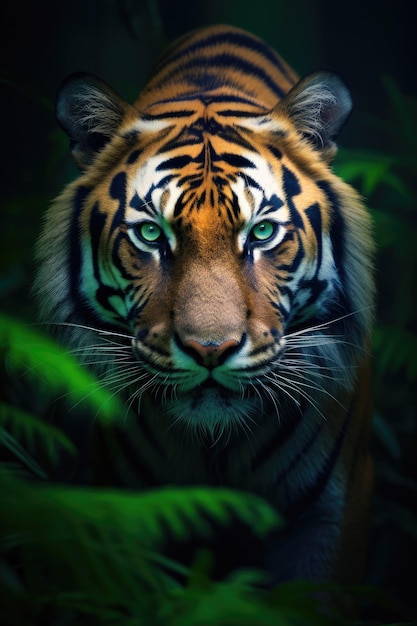 Retrato de tigre fotografía geográfica nacional superposición de gradiente verde profundo y naranja hombre del bosque