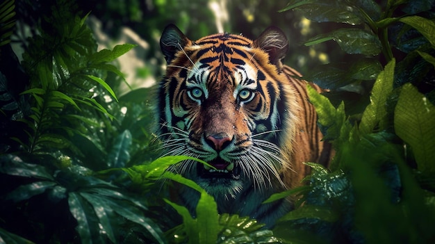 Retrato de un tigre en la selva Escena salvaje de la naturaleza Ilustración generativa ai
