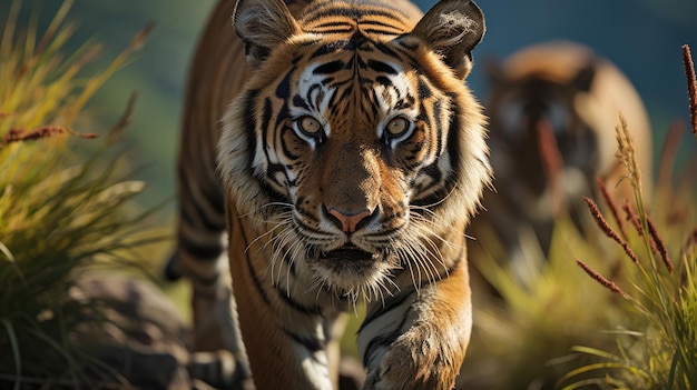 Retrato de un tigre de Sumatra y su manada caminando sobre una colina