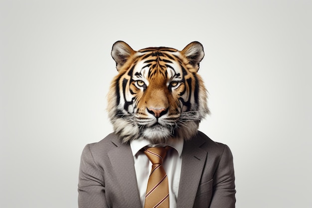 Retrato de un tigre con traje de hombre de negocios sobre un fondo gris