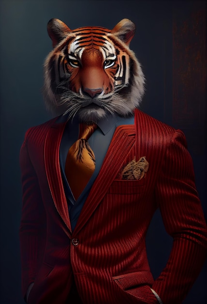 Retrato de un tigre con traje rojo IA generativa