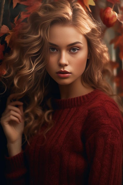 Retrato de timidez hermosa chica rubia con suéter blanco sosteniendo hojas rojas Otoño Generativo AI