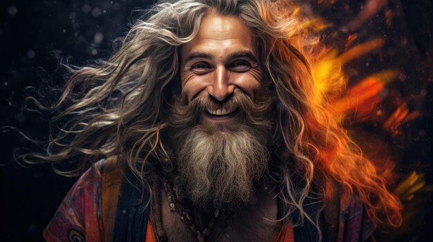 Retrato de un tipo feliz sonriendo con pelos largos y barba