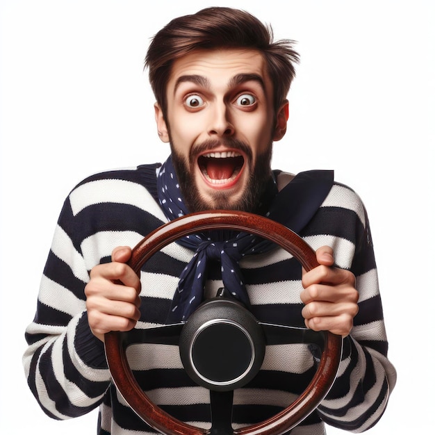 Retrato de un tipo gracioso con las manos sujetando la rueda del coche aislado en un fondo blanco ai generativo
