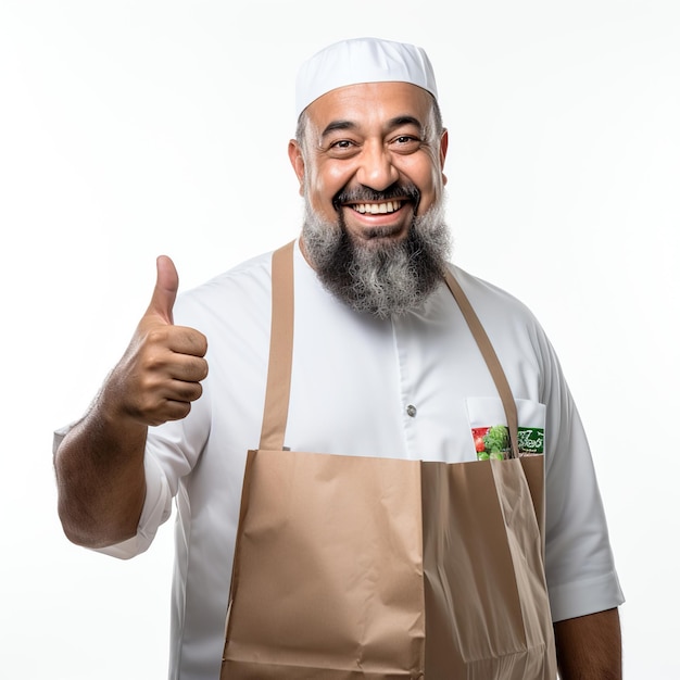 Retrato en toda su longitud de un hombre árabe maduro y alegre con una bolsa de comestibles que muestra los pulgares hacia arriba