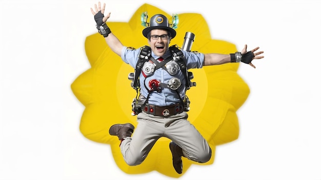 Retrato en toda su longitud de un hombre feliz saltando con aparatos aislados en amarillo