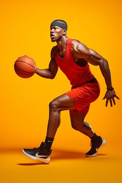 Retrato en toda su longitud de un hombre negro con camisa roja, gorra negra y pantalones cortos grises jugando al baloncesto.