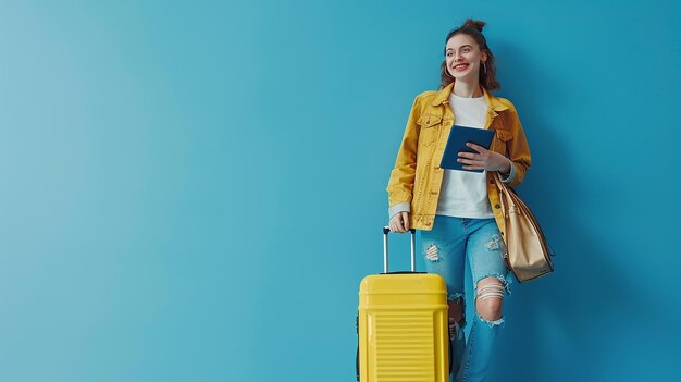 Retrato en toda su longitud de una joven viajera sonriente con una maleta amarilla