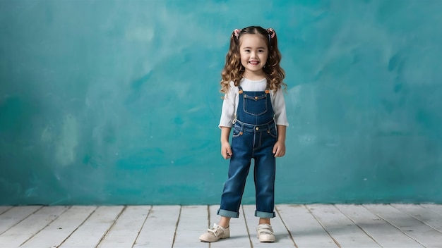 Retrato en toda su longitud de una niña linda con ropa de vaqueros elegante y sonriente de pie en blanco