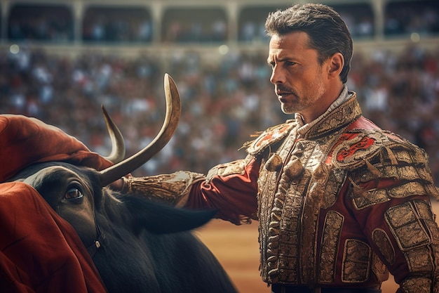 Foto retrato de un torero con un toro en una arena de toros española con un traje simbólico