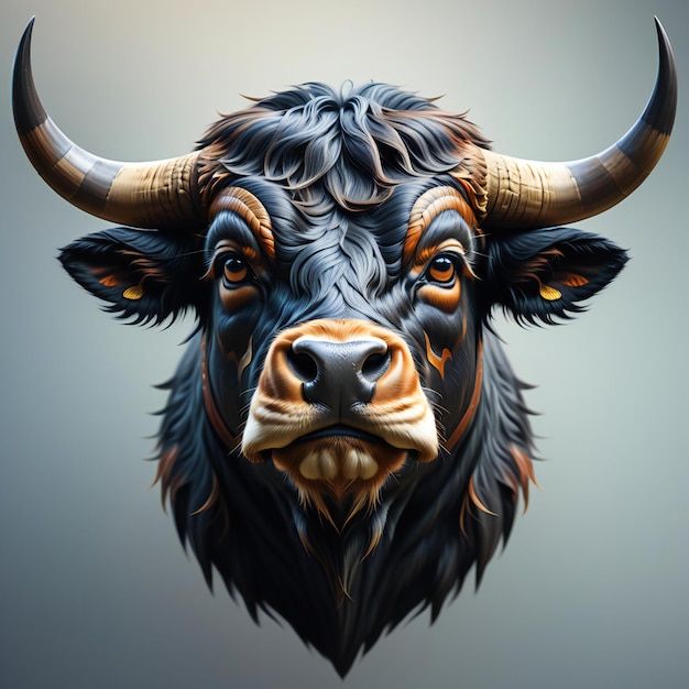 Retrato de un toro con cuernos sobre un fondo gris