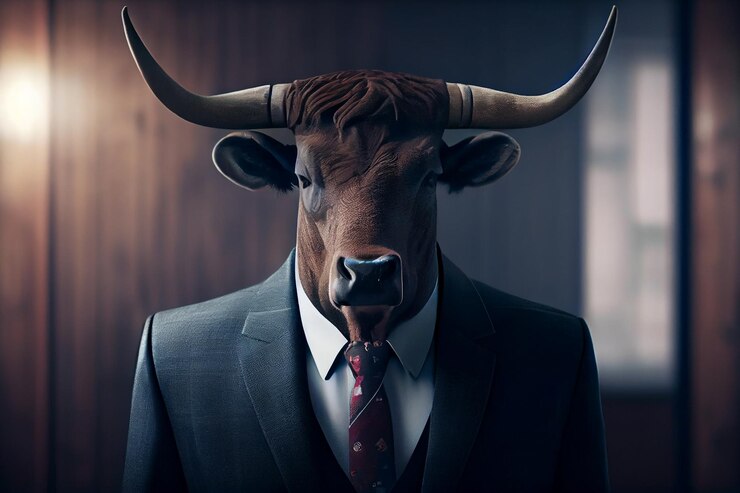 Retrato de un toro con traje y corbata sobre fondo oscuro generativo ai