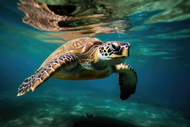 Retrato de una tortuga marina feliz nadando bajo el agua