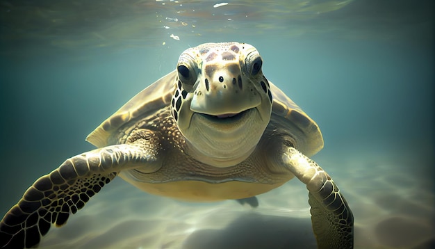Retrato de una tortuga marina nadando bajo el agua IA generativa