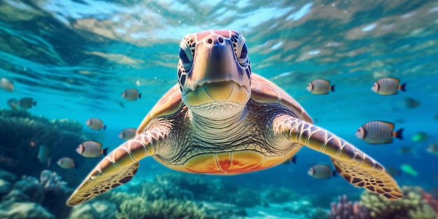 Retrato de una tortuga marina nadando en el mar IA generativa