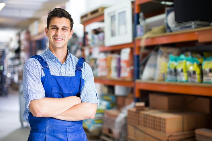 Foto retrato de un trabajador alegre en uniforme en su lugar de trabajo en una tienda de construcción