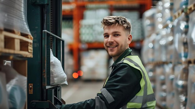 Foto retrato de un trabajador de almacén sonriente en uniforme mirando a la cámara en el almacén