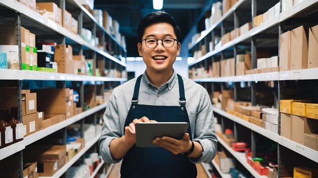 Retrato de un trabajador asiático sonriente de pie y detalles de la orden en una tableta para el chequeo