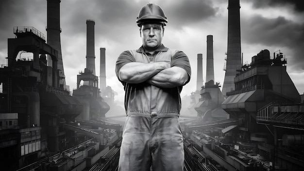 Retrato de un trabajador con los brazos cruzados en el fondo de una fábrica de acero
