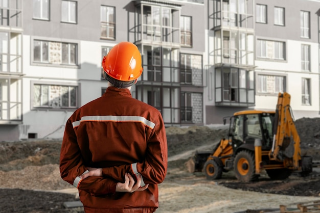 Un retrato de trabajador en casco haciendo trabajo en sitio en construcción