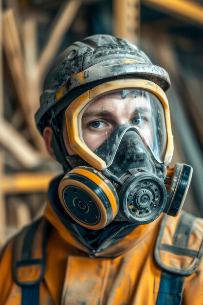 Retrato de un trabajador con casco protector y respirador en un entorno industrial