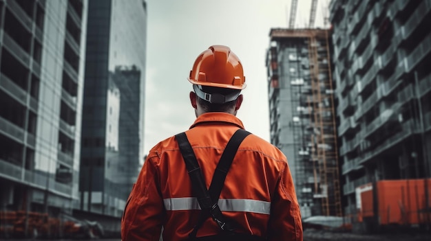 Retrato de un trabajador de la construcción masculino en una IA generativa de vista trasera del sitio de construcción