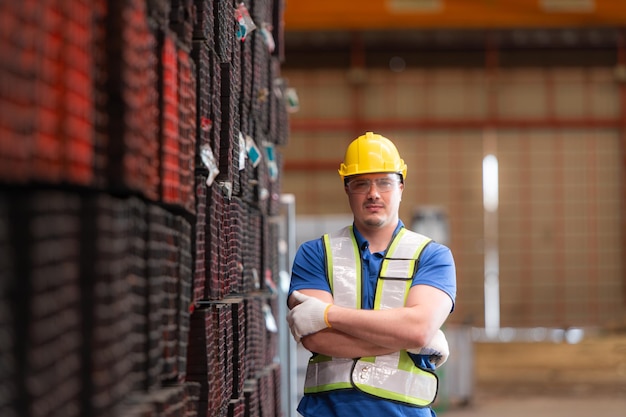 Retrato de un trabajador de la construcción de pie con los brazos cruzados frente a una pared de material de acero