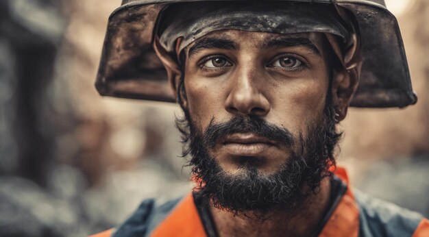 Foto retrato de un trabajador de la construcción trabajador duro en el trabajo retrato de un hombre con casco trabajador duro