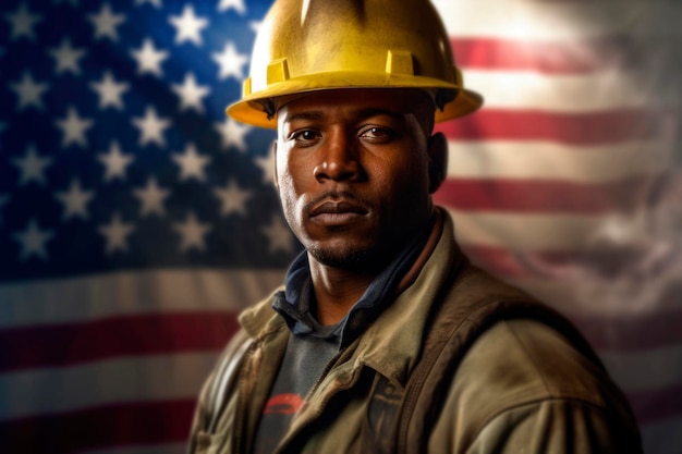 Retrato de un trabajador constructor de pie contra el fondo de la bandera de los Estados Unidos en la celebración del Día del Trabajo Hombre trabajador en uniforme y casco de construcción de seguridad generado por IA