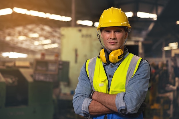 Retrato de un trabajador de fábrica barbudo en un sombrero duro mirando la foto mientras está de pie en un taller, espacio de copia e ingeniería industrial de fábrica.