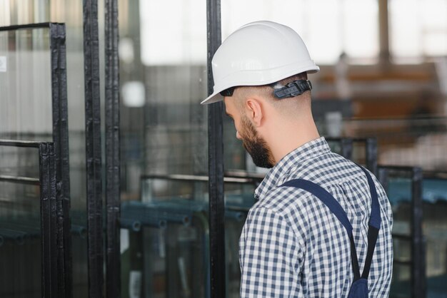 Foto retrato de trabajador de fábrica en equipos de protección en la sala de producción