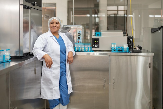 Retrato de un trabajador feliz en una fábrica de procesamiento de lácteos