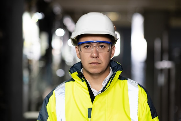 Retrato de trabajador ingeniero hombre asiático serio empleado vistiendo uniforme de seguridad gafas y casco