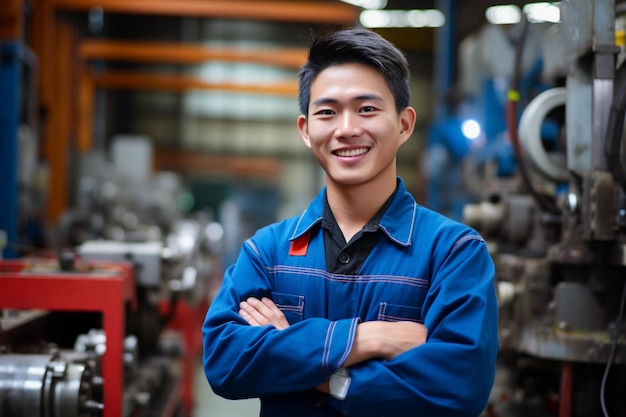 Foto retrato de un trabajador ingeniero masculino asiático o un trabajador de mantenimiento industrial que disfruta trabajando en una fábrica