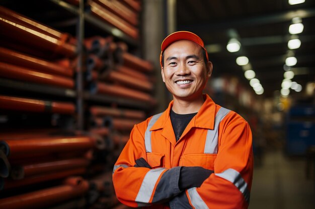 Retrato de un trabajador ingeniero masculino asiático o un trabajador de mantenimiento industrial que disfruta trabajando en una fábrica