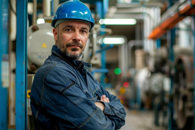 Retrato de un trabajador manual de pie con confianza con traje de trabajo azul y seguridad