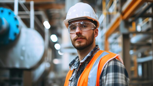 Retrato de un trabajador masculino confiado que lleva un casco y gafas de seguridad en un entorno industrial